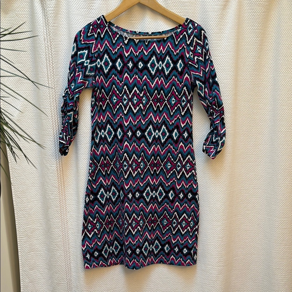 Soybu Blue and Pink Sheath Dress with Bateau Neckline